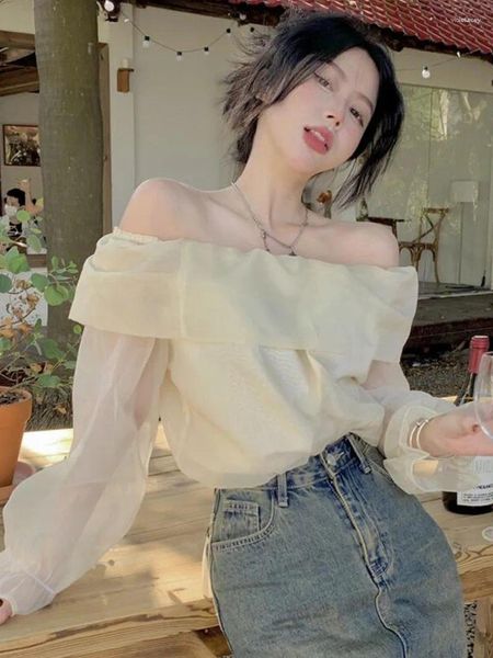 Etekler 2024 Yaz Kore tarzı bir omuz üstü nazik gevşek ince saf arzu uzun kollu gömlek Yir6 için kadın trend kıyafetleri