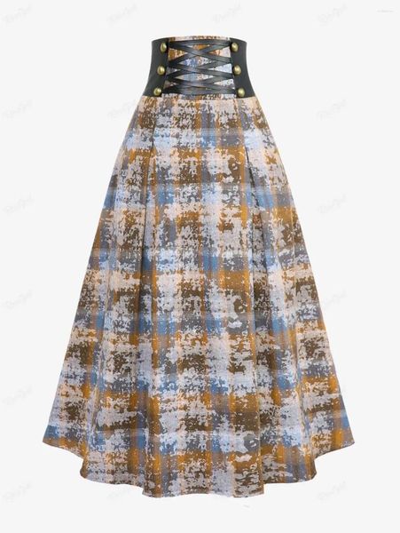 Röcke Rosegal Plus Size Damenrock Gothic Destressed Plaid Camouflage PU Panel Schnürniel eine Linie Midi Bottoms