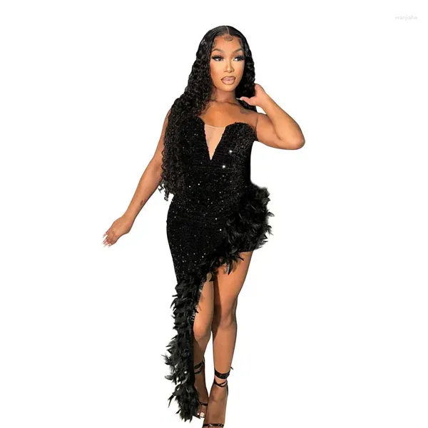 Abiti casual Black Strapless Maxi Donne vestito Sexy Sexy Witule Feathers Outfit Outfit Fashion glitter Nightclub Party Wear Ladies Vestidos