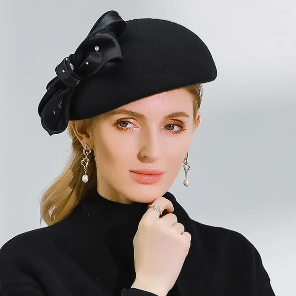 Berets X4174 Mode vielseitiger Wollhut eleganter Bogen Frauen Top Cap French Beret Hats Women Fedora Filz