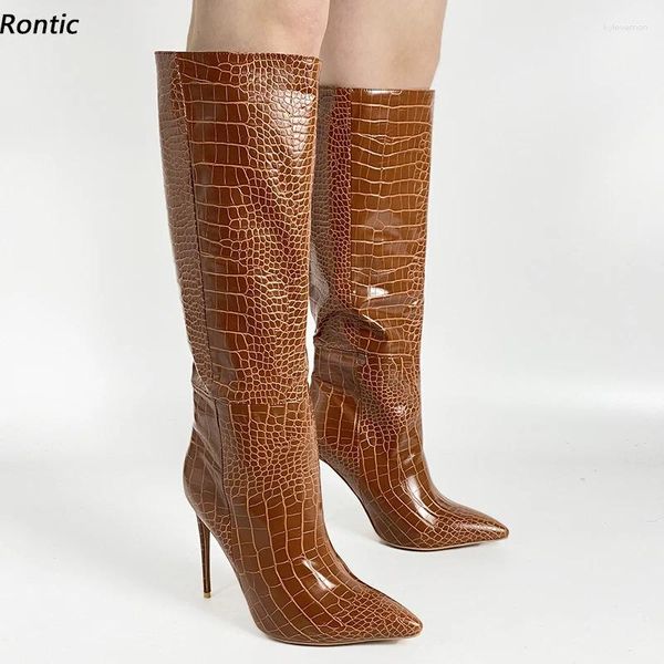 Stivali donne fatte a mano rontic primaverili del ginocchio coccodrillo unisex tacchi a spillo puntato di punta bellissimo abito marrone scarpe US Dimensioni 5-16