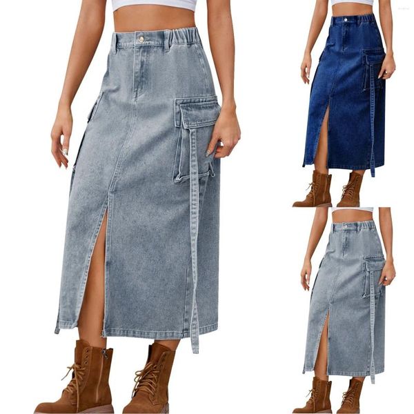 Skirts Streetwear American Retro Denim Women Streamer Flitta elastica ad alta vita Long Faldas Summer Lavato Skinny Y2K Cargo