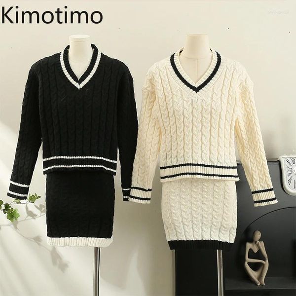 Vestidos de trabalho Kimotimo Autumn Winter Suits 2024 Twists Contrasted V Sweater de pescoço embrulhado Bodycon Mini -Skirt Fashion Knit