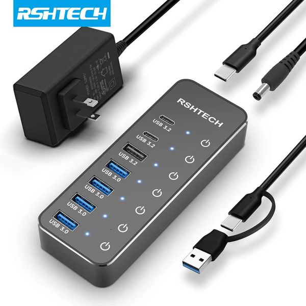 RSHTech Powered USB HUB 3.2 USB C Splitter 10Gbps Veri Hub MacBook Mac 240418 için USB uzantısı ayrı dokunuş/kapama anahtarları ile