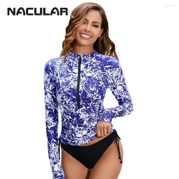 Frauen Badebekleidung Nacular Surfing Rashguard Langarm Frauen Schutzausschlagsausschläge Guards Zwei Stücke Badeanzug Shorts Zipper Tankini gedruckt