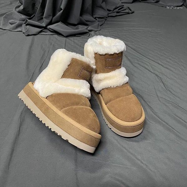 Ternos masculinos Chegadas de lã Inverno quente Botas de tornozelo de neve redonda de dedão de ponta espessa plataforma pão liso casual sapatos lady fionaug