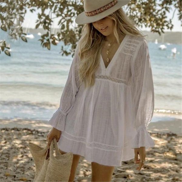 Weiße Baumwollsommer -Strandkleid für Bikini Frauen 2024 Cover Up Long Lantern Sleeve Kleider Casual Lose Short Beachwear