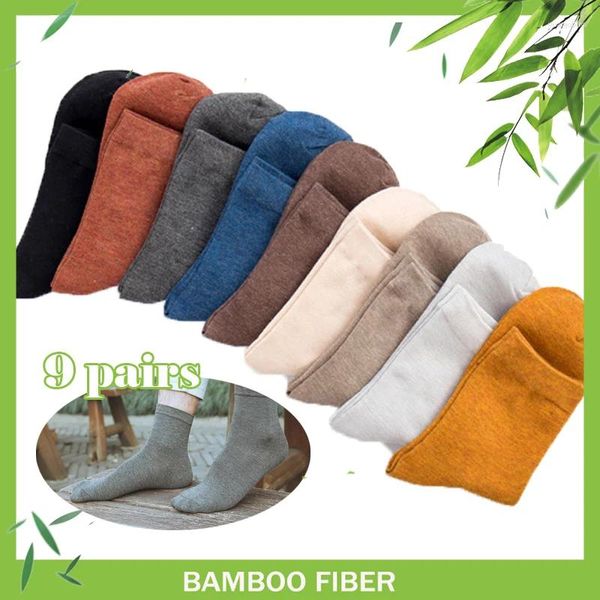 Meias masculinas 9 pares Mens Bamboo Crew Soft Korean Hip Hop Hubs Wicking caminhando esportes de inverno Casual Sock Solid Skateboard Bicycle