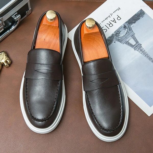 Sapatos casuais Vulcanize masculino Black Brown PU Sneakers Slip-On Handmade Business Mens