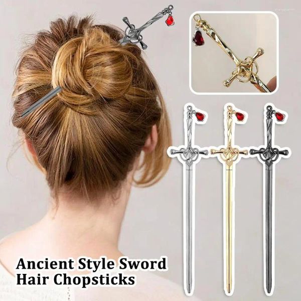Haarclips kreatives Schwert Rubin Anhänger Haarnadeln Vintage Chinese Sticks Punk Accessoires Frauen trendy Haarnadelstift Style A9A9