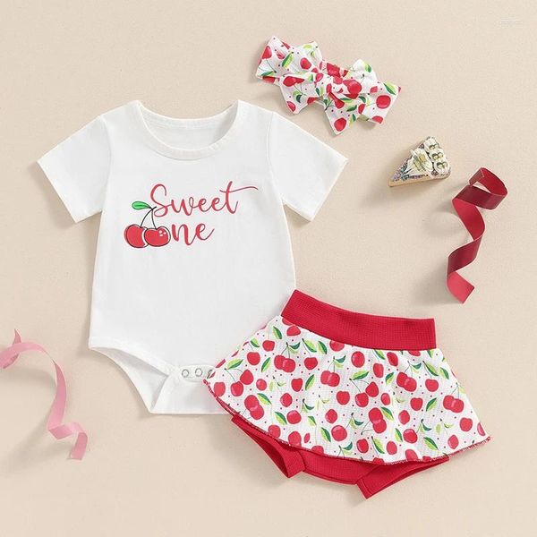 Комплекты одежды для маленьких девочек Set Set Cherry Print Romper с коротким рукавом с и полосой летни
