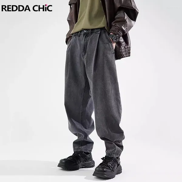 Herren Jeans Reddachic Pintuck Weitbein Denim Harem Hosen für Männer Vintage Grey Solid Cleanfit Elastic Taille Baggy Acubi Mode Kleidung