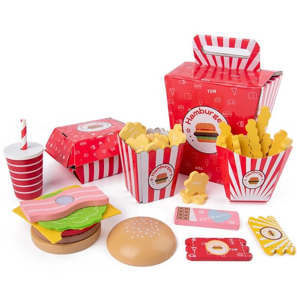 Toys per cucine per i giocattoli per bambini Burger Set Real Life Cosplay Monterssori Educational Wooden Toys for Children Game Party Game Christmas 240420