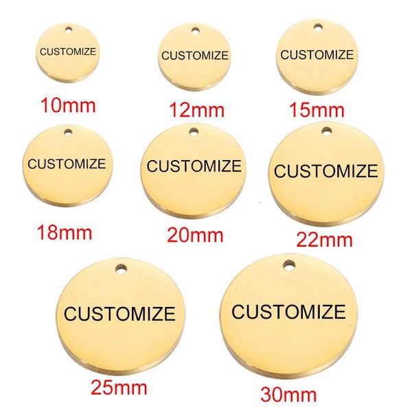 20pcs Ordem personalizada a laser gravado Os encantos de aço inoxidável personalizados redondos de jóias de jóias de disco redondo com muitos tamanhos 240416