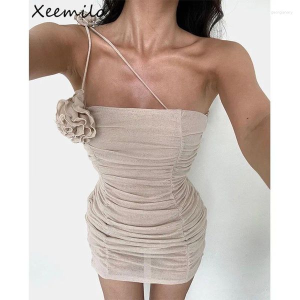 Lässige Kleider Xeemilo elegant hübsches plissiges Rückenloses Kleid sexy Blumenapparat Spaghetti -Träger 2024 Abend Party Frauen