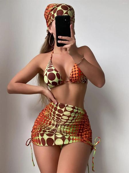 Moda de banho feminina 4 peças Dot Strings Prind Strings Halter Bikinis Swimsuit Beach Mini saia Sexy Mulheres 2024 Bathing Swimming Suit Feminino