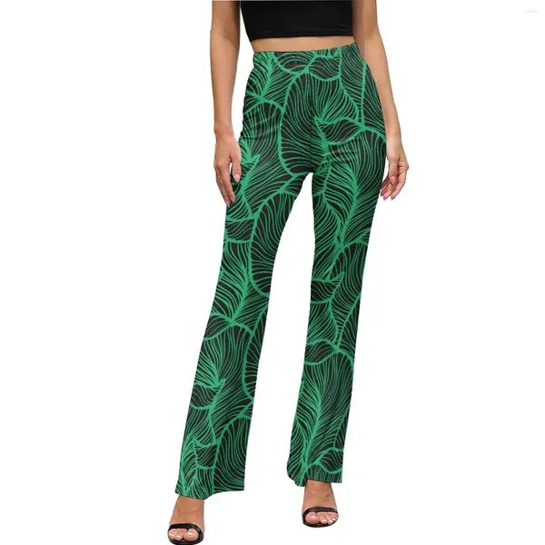 Frauenhose Tropical Print Green Blätter elastischer Hochtail