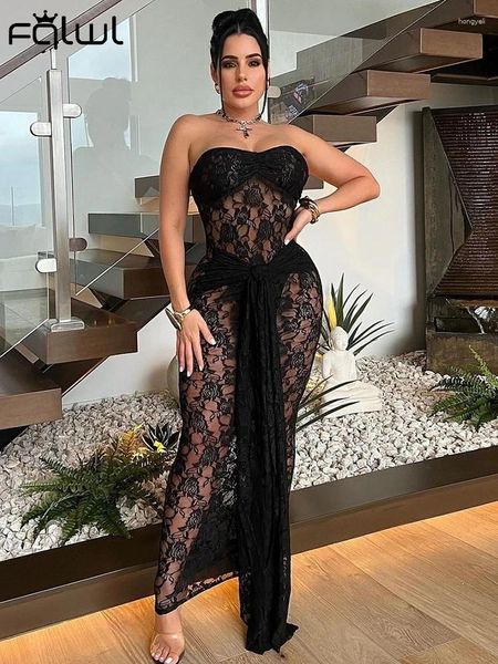 Vestidos casuais Habbris Summer Lace Backless Maxi Dress Club Roupfits For Women 2024 Strapless Black Bodycon Long See através de Lace-Up-Up