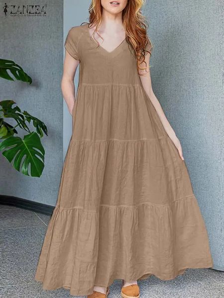 Zanzea Summer Maxi Long Dress Женщины богемные праздничные сарайки V шея с коротким рукавом халат.