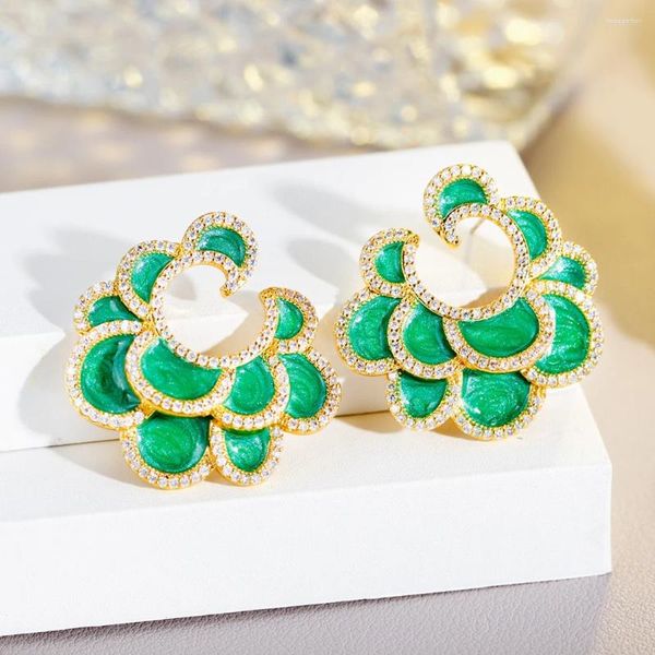 Orecchini per borchie Tregraces Luxury Green Enamel Big Dichiarazione per donne Gold Color Fashion CZ Wedding Party Costume Gioielli ER945 ER945