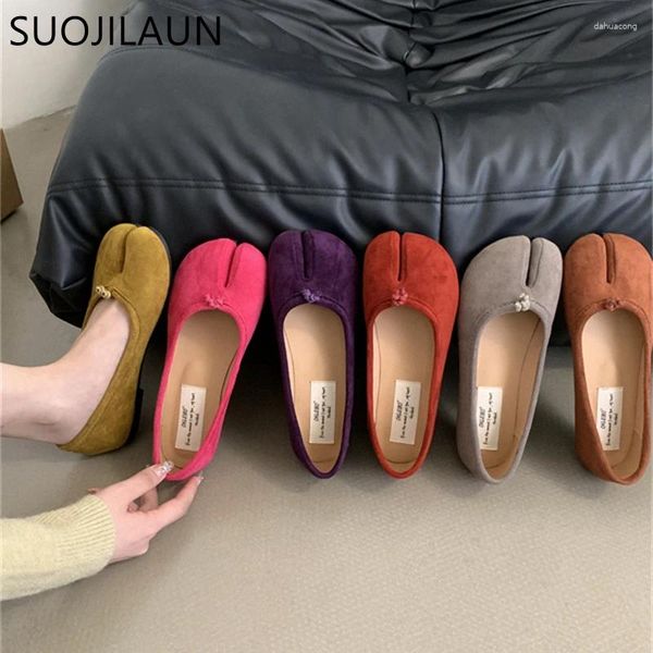 Sıradan Ayakkabı Suojialun 2024 Marka Şeker Renkli Kadınlar Düz Moda Bölme Ayak Parçası Sığ Kaymaz Balerin Yumuşak Elbise Laofe