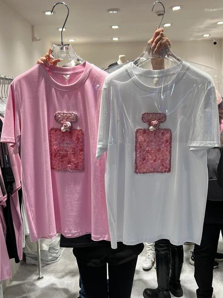 Frauen T-Shirts Schwere Strass-Mode Kurzarm T-Shirt Frauen 2024 Sommer Koreaner loser Mid-Länge Pink T-Shirt Top 4xl
