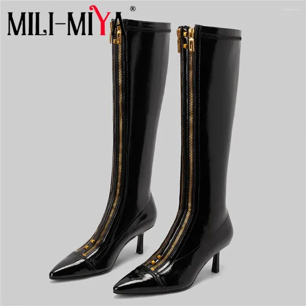 Boots Mili-Miya Classic Brand Style Women Microfiber Knee Keans altos saltos finos de metal rebite zíperes médios feitos à mão