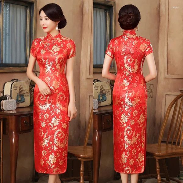 Etnik Giyim Büyük Boyut 5xl 6xl Vintage Cheongsam Çin tarzı uzun elbise geleneksel mandalina yaka elbiseler seksi ince bölünmüş qipao