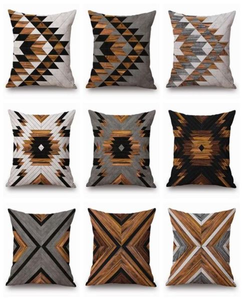 Copertina di cuscino con stampa in legno rustico Cuschio da lancio geometrico shabby chic per divano chaise lino in cotone lino di cotone fondo cojin9560108