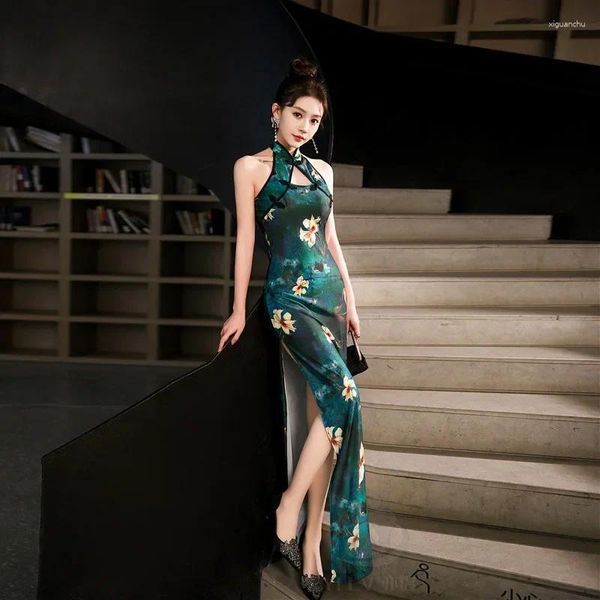 Abbigliamento etnico blu verde nazionale cinese Cheongsam Donne estate sexy abito senza schiena senza maniche floreali lunghe Qipao S a 5xl