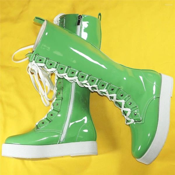 Botas de inverno bombas quentes sapatos femininos de couro verde joelho de neve alta fêmea redonda de dedão da moda de moda casual