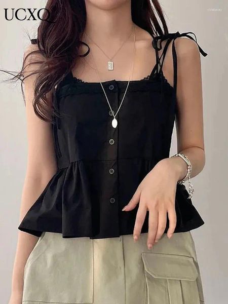 Frauen Tanks UCXQ Korean Style Casual Allein Match Pace Up Weste Elegant süße, himmellose ärmellose Kurztop -Frauen 2024 Frühling Sommer 8415