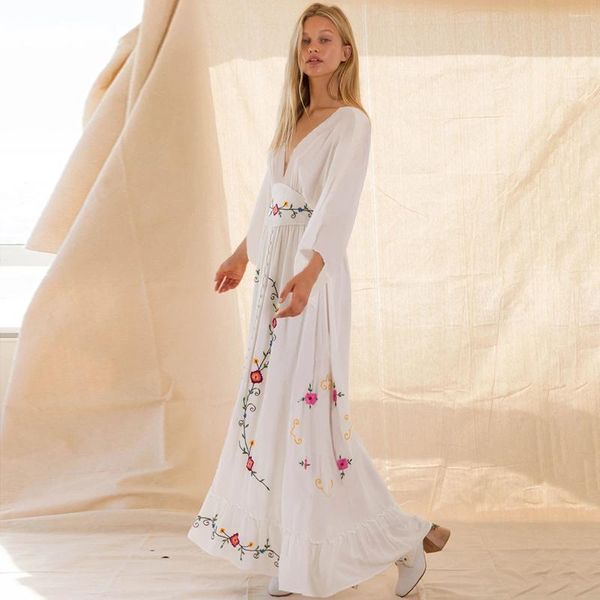 Abiti per feste Jastie Floral ricamato maxi vestito bottone anteriore v-collo a V Boho Beach Batwing Sleeve Casual