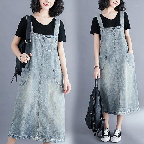 Lässige Kleider lose geradlinige Gurte Denim für Frauen Streetwear große Größe Mutter Langes Kleid Vintage Wäsche Jeans Vestidos Mujer