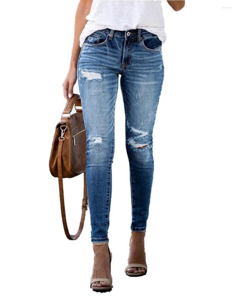 Jeans femininos Hipster Lavar água Bolsas quebradas