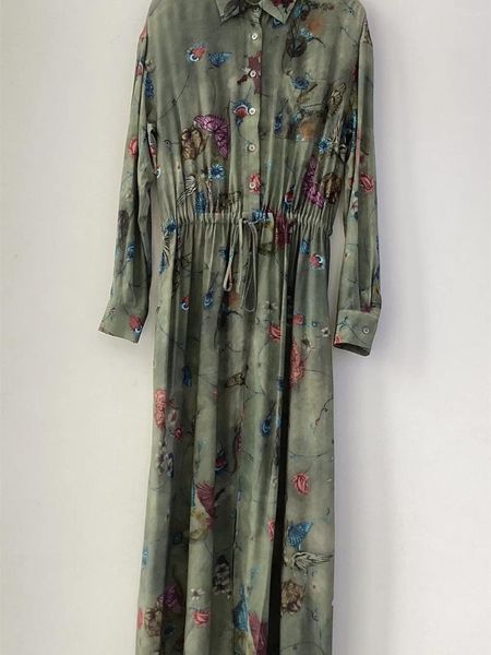 Lässige Kleiderinnen weibliche Hochtaille Langarmstring Langarm Midi Robe Frauen Vintage Butterfly Tierdruck Turn-Down-Kragen Kleid 2024