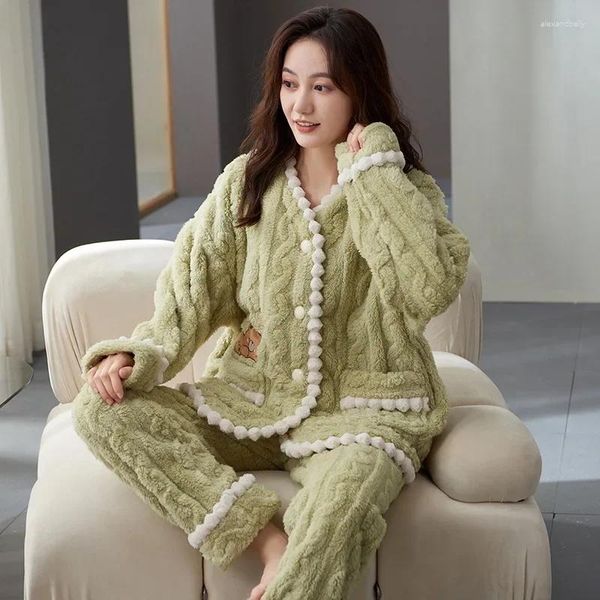 Женская одежда для сна M-4XL Женщины зимняя пижама плюс бархатная толстая фланелевая ночная одежда милая длинная рукавая тепло