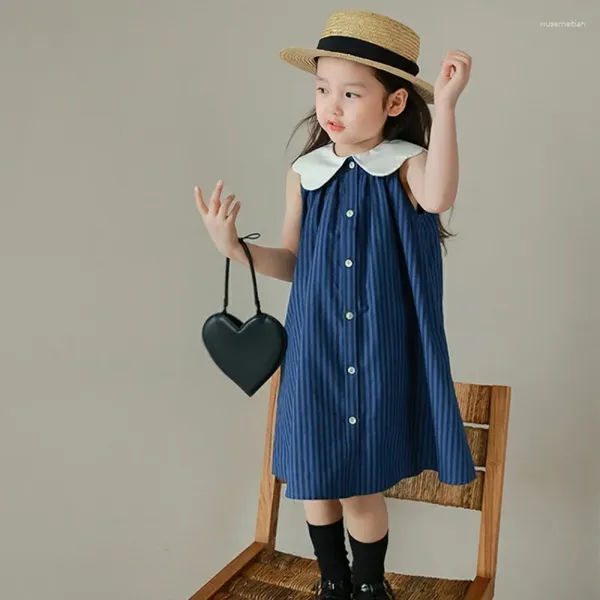 Abiti da ragazza abito casual bambino senza maniche blu bianco a strisce estate colletti blu scuro sottili bambini traspiranti abiti costume da bambino 3-8y