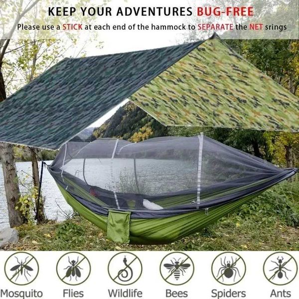 Hammocks Camping Mareds e acessórios, incluindo rede com tanques de árvore de alcatrão de mosca de chuva de malha para viagens de mochila para caminhadas ao ar livre