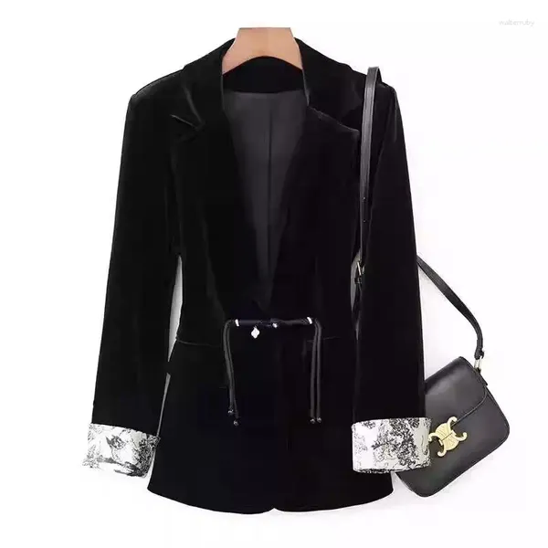 Ternos femininos de luxo preto blazer 2024 Primavera outono do estilo chinês de manga longa casaco de tamanho grande botão retrô de veludo K895