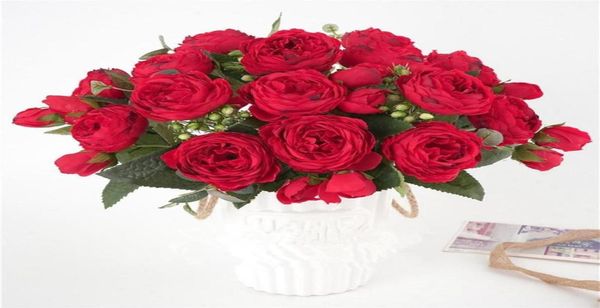 30cm Rose Red Silk Peony Flowers Artificial Bouquet Cabeça 5big e 4bud com Peony Fake Flower Flor Handmade Decoração de Casamento Home219u9783516