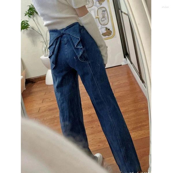 Frauen Jeans Streetwear Blue Bugs Jeanshose Retro hoher Taillenknopf Weitbein Hosen lässig losen Baggy Y2k gerade für Frauen