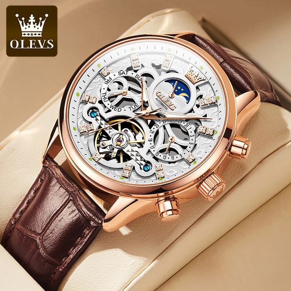 Olevs orologi per uomini orologi meccanici Automatico impermeabile schinetto Scheletro Noctiucente Wind Up Mash Owatch 240419