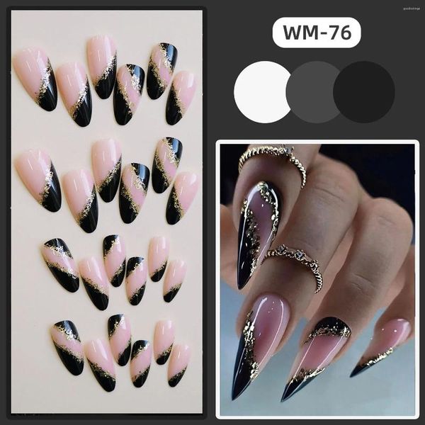 False Nails Woman Donna Long French Nail Black and Gold Cover Full Cover Artificiale per la vita quotidiana Uso quotidiano