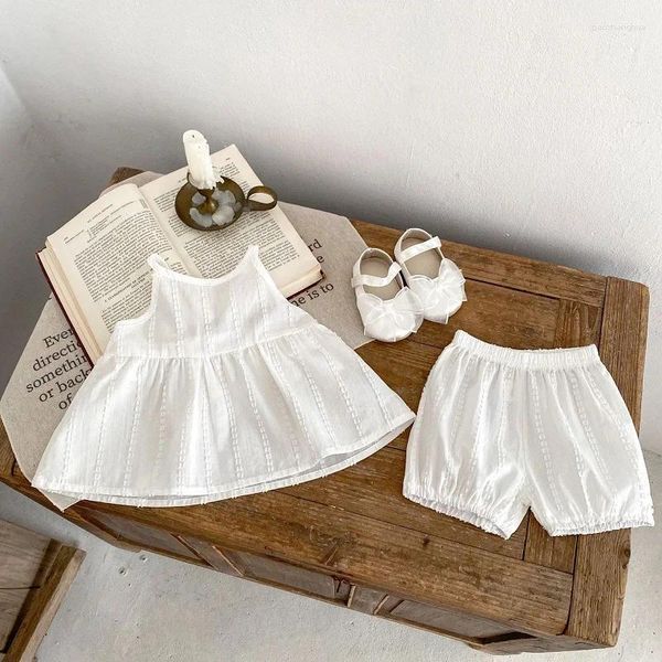 Conjuntos de roupas 2024 Summer Baby Girl Conjunto de 0-3 anos nascida crianças filhos sólidos brancos mangas mangas tanques shorts de baixo para baixo 2pcs roupas de algodão