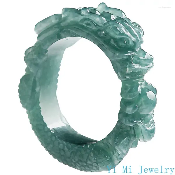 Rings de cluster anel de jade natural de gado A Blue Water Dragon King 3D esculpido líder macho