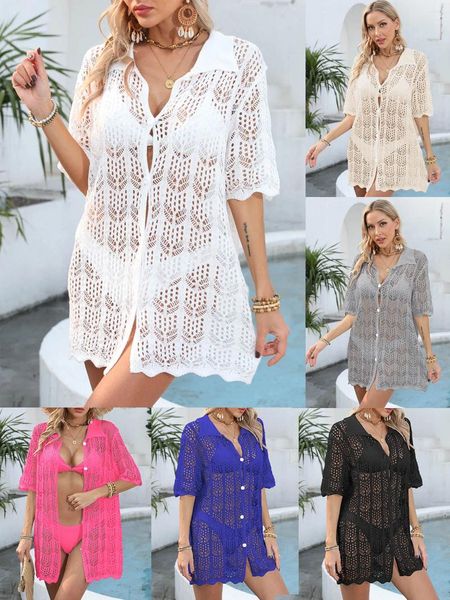 S-xl Cardigan Beach Wear для женщин вязаная пуговица Белая одежда сексуальное отверстие для купания прикрытие Lady Holiday Crochet Pareo Tunic