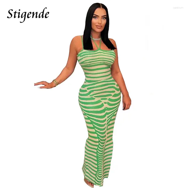 Abiti casual Stigende Summer Spaghetti Cingcio abito a costola lunghi Donne zebra Modello senza schienale cami