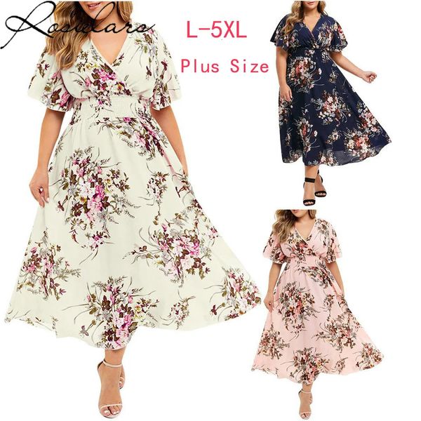 Moda plus size 3xl 4xl 5xl Donte vestito floreale fiore di fiore bohémien estate abiti urbani zingari ropa vestidos 240426