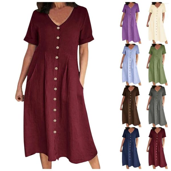 Vestidos casuais Camisa de algodão vintage Mulheres sólidas V Vestido de escritório de escritório Largos de férias soltas de férias soltas Midi vestidos